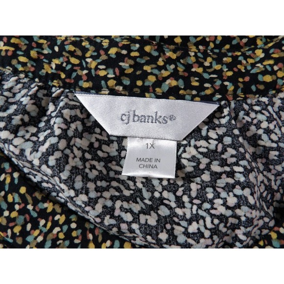 CJ Banks 1X Top Blouse Confetti Print Colorful Button Up Black Office Career - Picture 6 of 10
